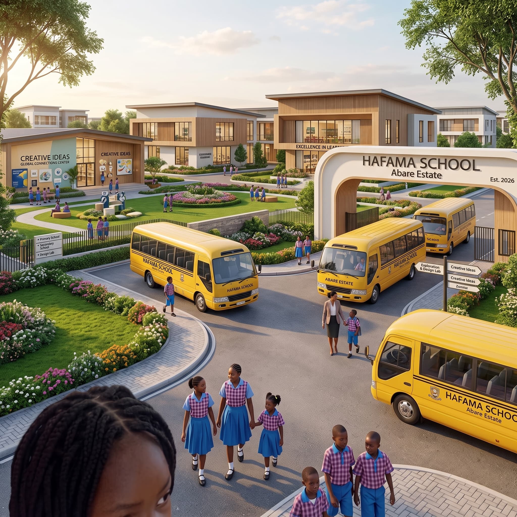 Artist's concept rendering of a future HAFAMA School campus — not an existing building