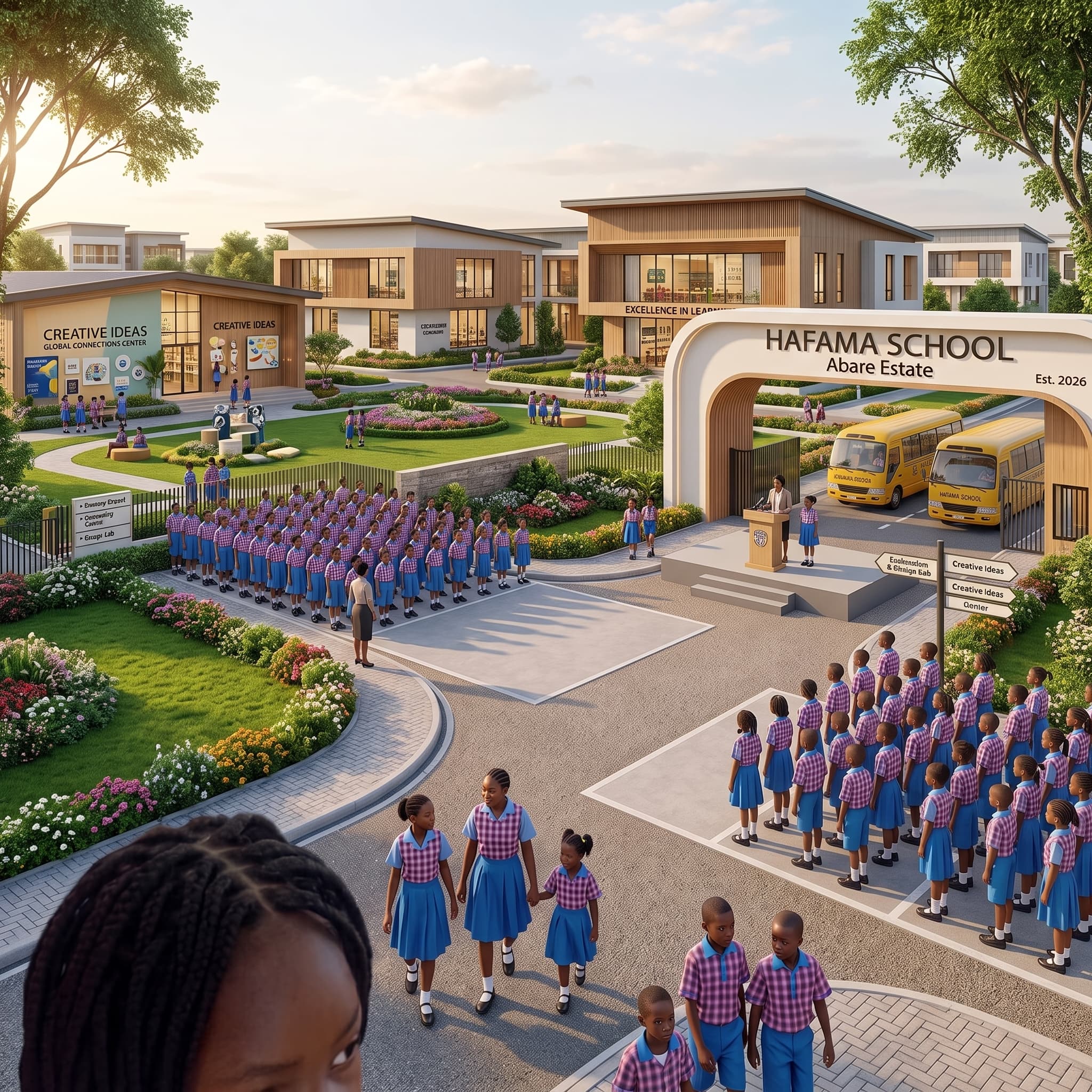 Artist's concept rendering of a future HAFAMA School campus — not an existing building